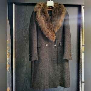 Brown Trench Coat with Luxurious Fur Trim